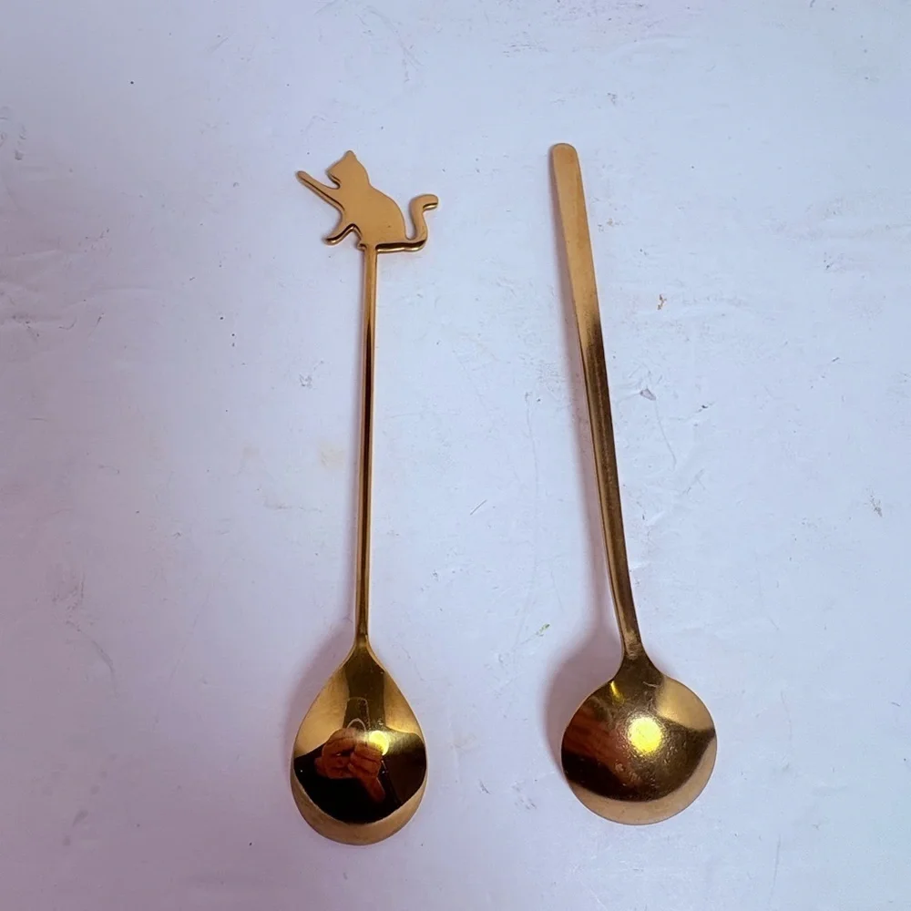 Vintage Gold Colored Cat Stirring Spoon and Regular Spoon